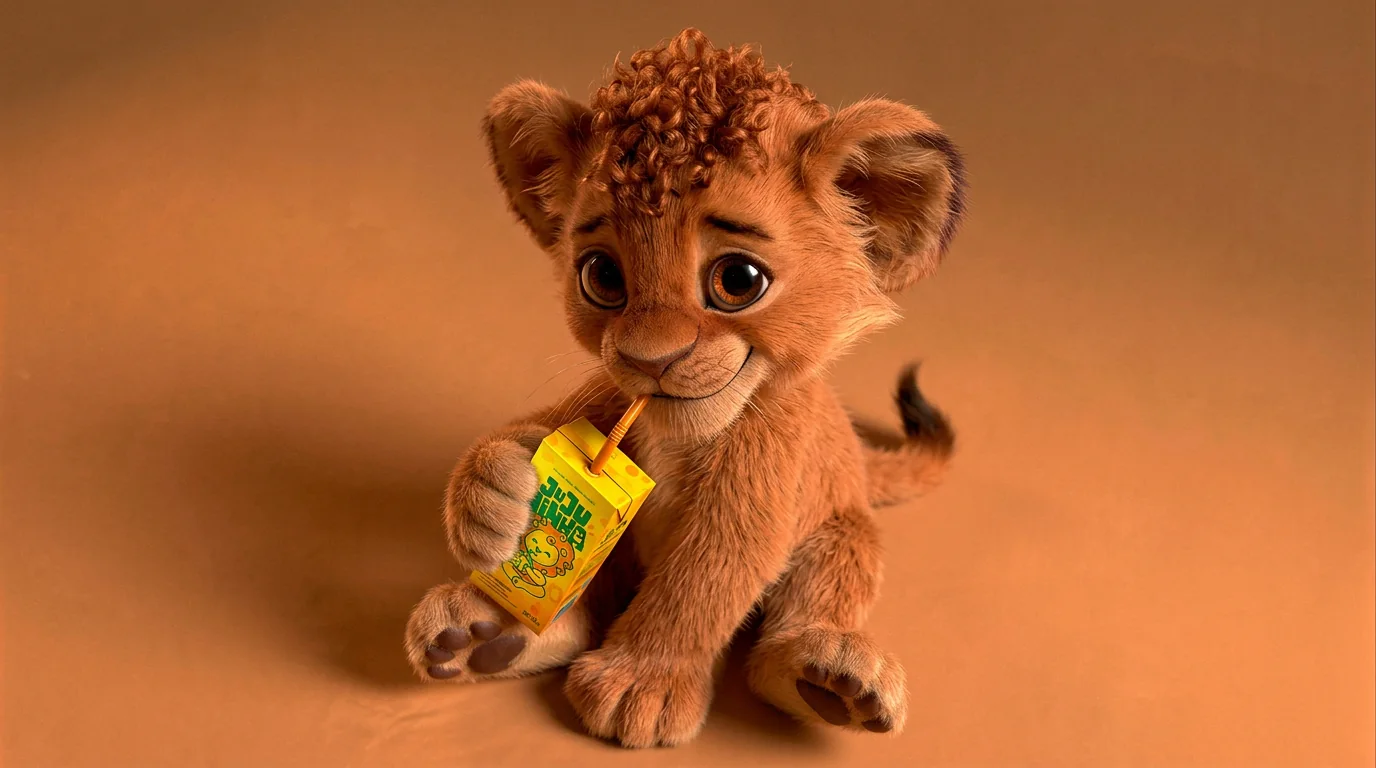 O Jujubinha sentado no chão, tomando suco com a caixinha na pata